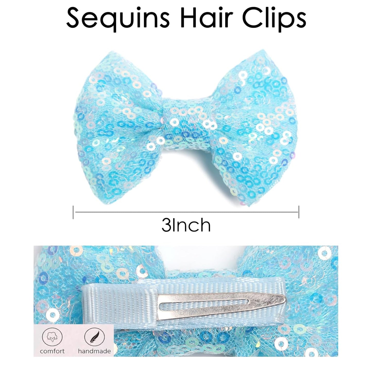 KISZU 3 Inch Glitter Hair Bows Clips, Sparkling Sequin Little Bow HairPins for Baby Girls Children Teens and Women (Light Blue)