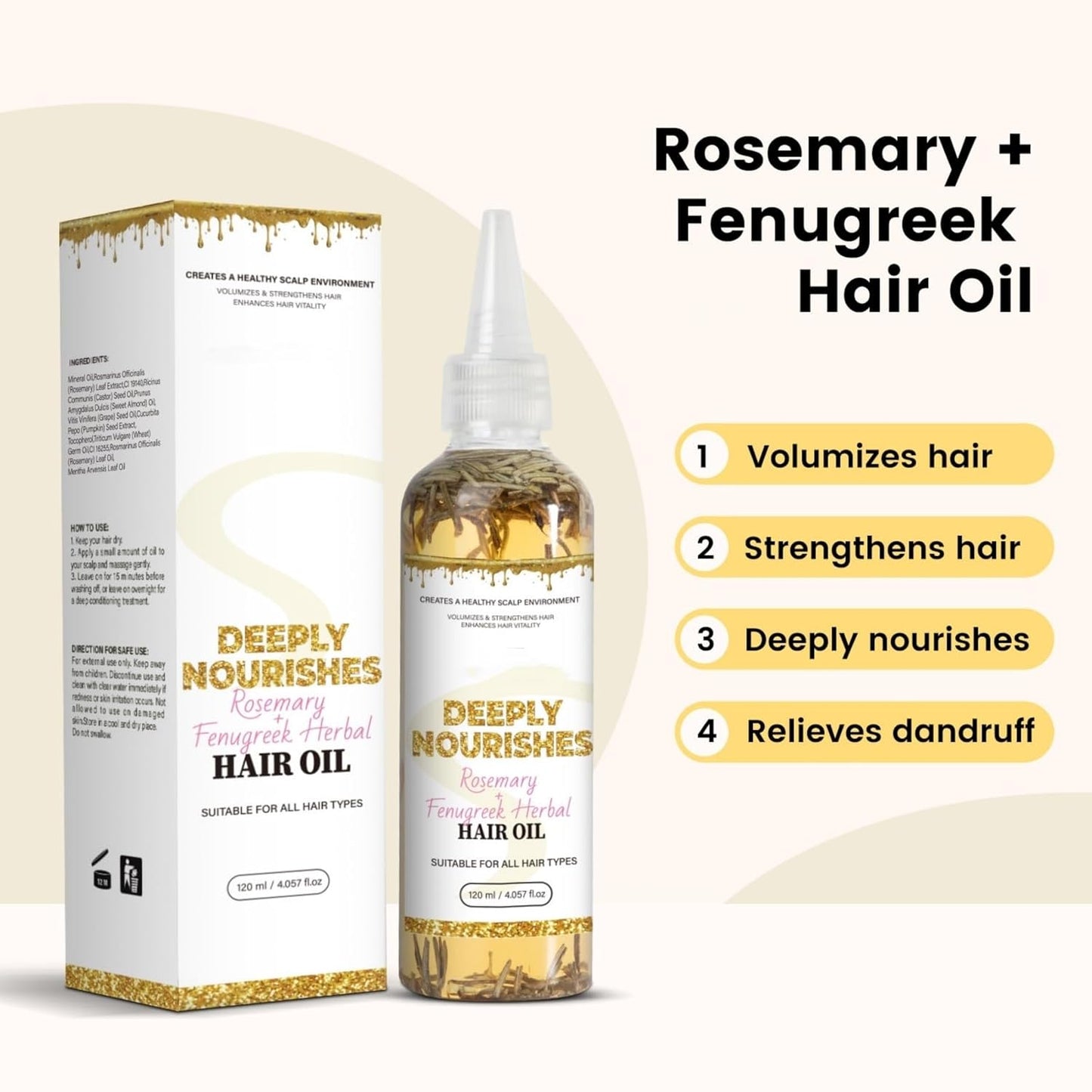 Rosemary & Fenugreek Hair Oil for Hair Growth, Volumizing & Strengthening - All Hair Types | Natural Nourishing Formula 120mL