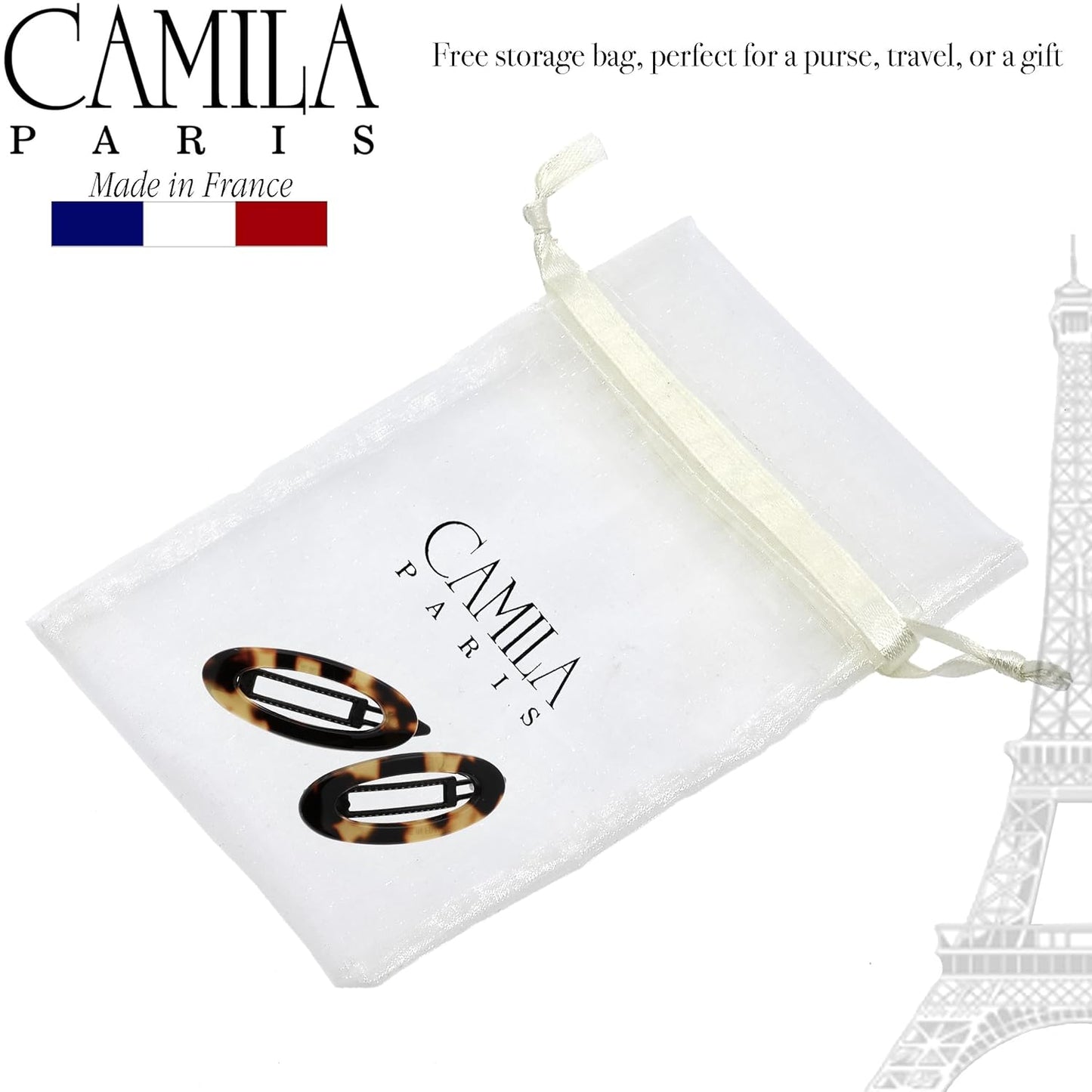 Camila Paris CP1993/2 French Hair Barrette Clip for Women, Handmade, Side Slide-in Metal-Free Closure Strong Hold Grip Hair Clips for Girls, No Slip Durable Styling Hair Accessories, Made in France
