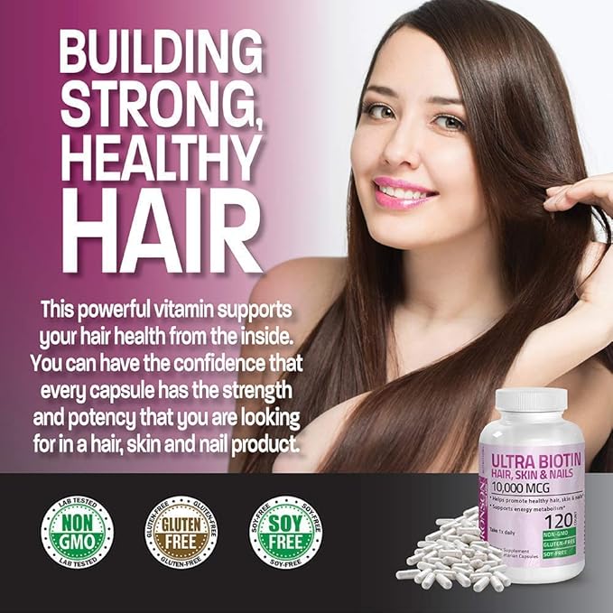 Bronson Hair, Skin & Nails with Biotin Extra Strength Vitamin Supplement for Women + Ultra Biotin 10,000 Mcg