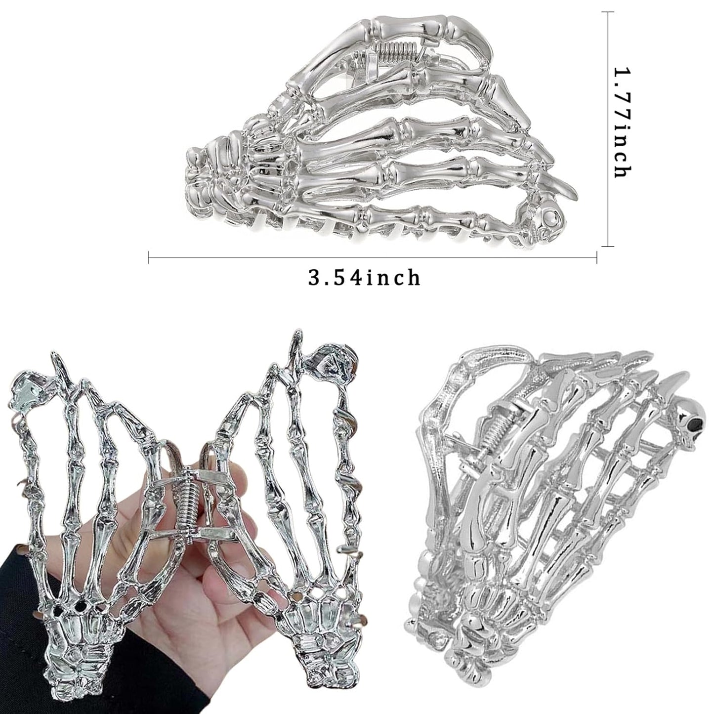 Skeleton Hand Claw Clips - Metal Silver Alloy Nonslip Terror Ghost Hand Strong Hold Punk Gothic Catch Clips for Women - Thick or Thin Hairs