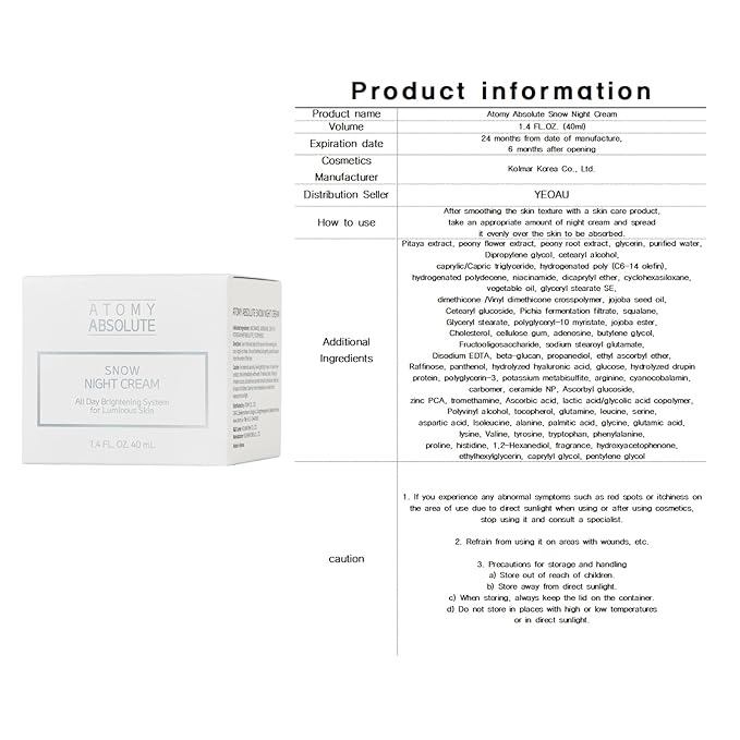 Hydrating Winter Cream with Moisturizing Formula, A Soft & Smooth Skin Appearance, For Atomy Absolute Snow NIGHT Cream (1.4FL.OZ / 40ml)