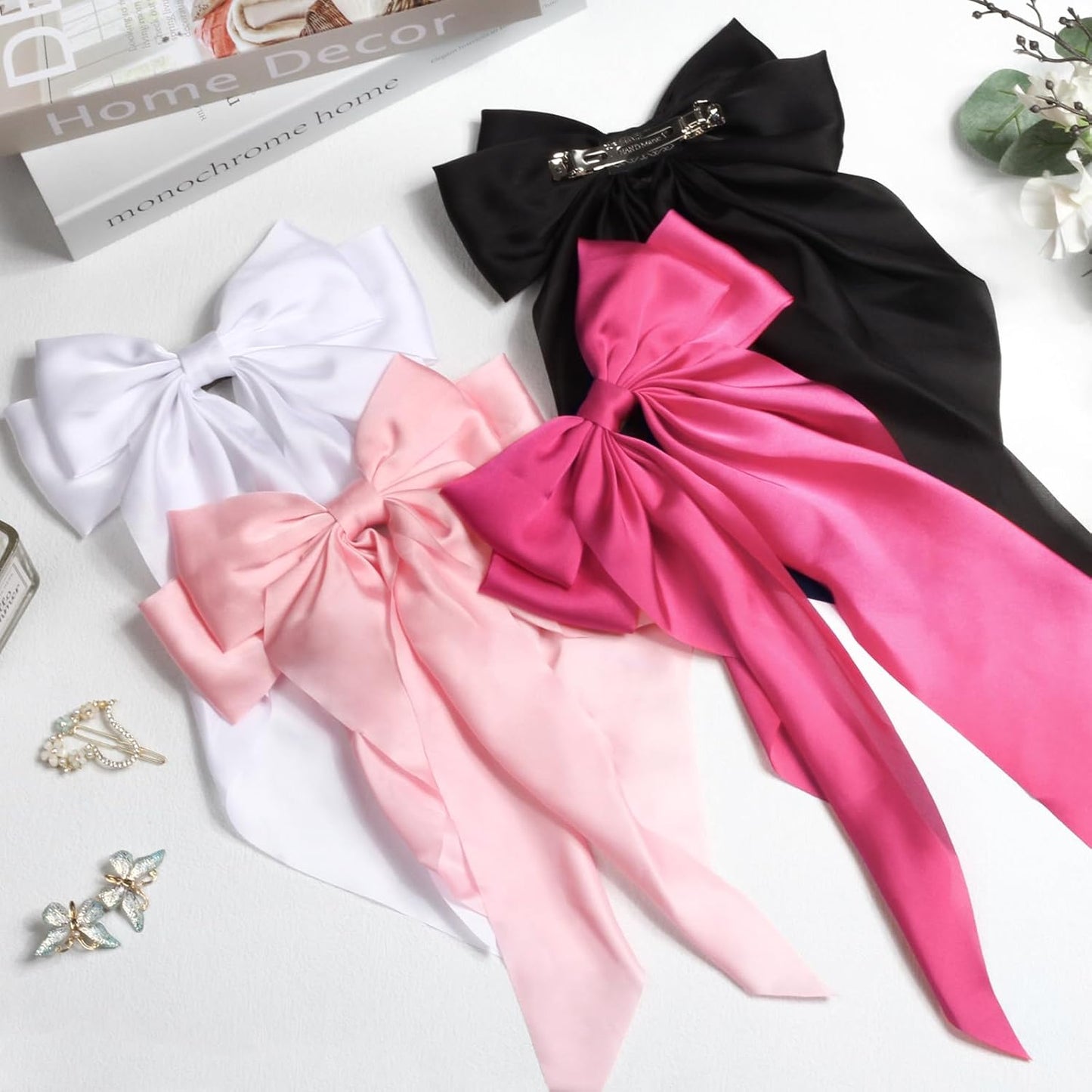 Silky Satin Hair Bows for Women Girls - 4PCS Ribbon Bows for Hair, Big Bow Hair Clips with Long Tail, Barrettes - Cute Hair Accessories Gifts (Hot Pink, Pink, White, Black)