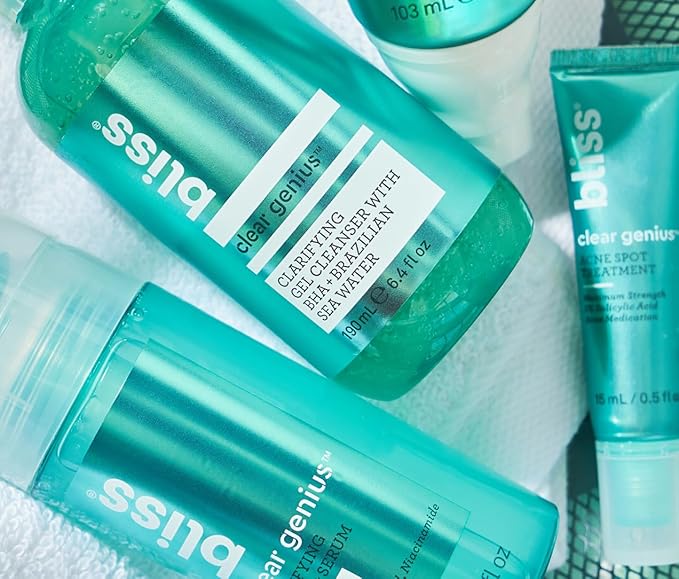 Bliss Clear Genius Trio: Clarifying Toner + Serum, Cleanser and Spot Treatment - Pore Purifying, Removed Excess Dirt & Oils - Clean, Cruelty-Free Skin Care