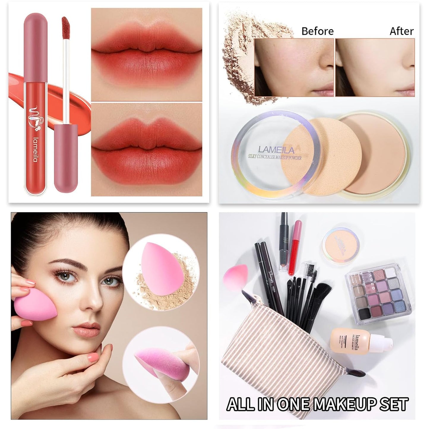 Makeup Set Full Kit for Girls Teens Women, Makeup Present Set, Includes Eyeshadow, Foundation, Blusher, Eyebrow Pencil, Mascara, Eyeliner, Brushes, Lip Gloss, Sponge, Cosmetic Bag
