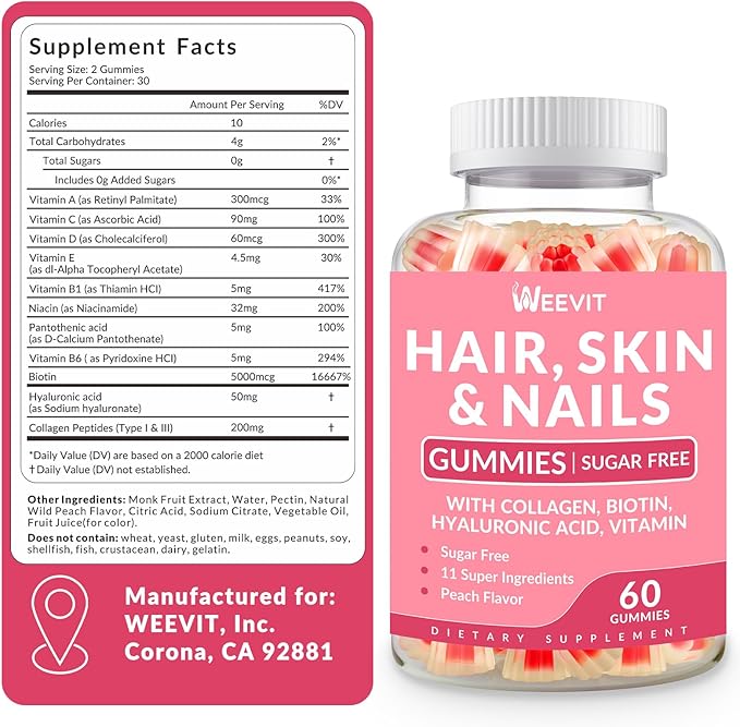 Hair Skin and Nails Gummies, Hair Skin Nails Vitamins w/Biotin Collagen Hyaluronic Acid, Hair Growth Vitamins for Hair Loss for Women & Men - Non-GMO & Gluten Free