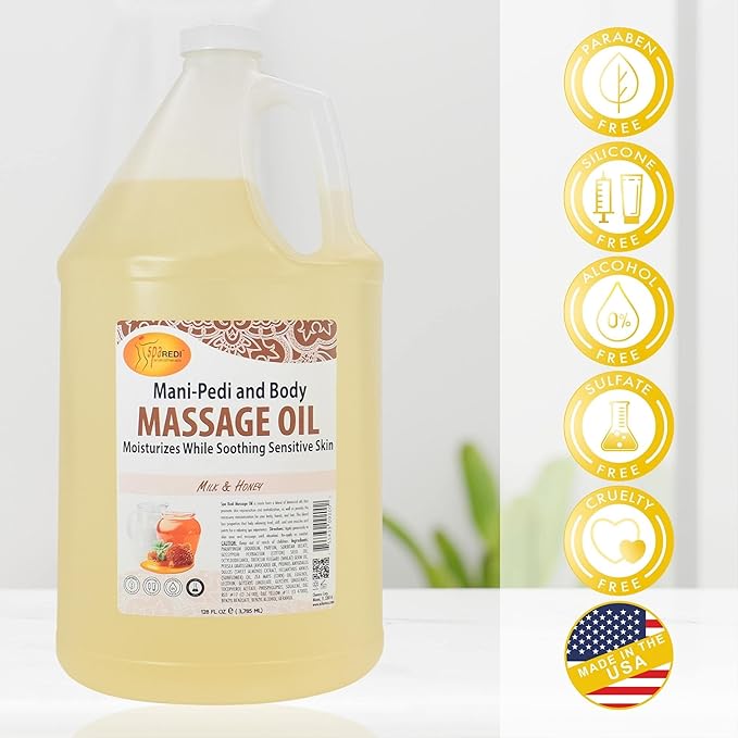 SPA REDI - Massage Oil, Milk and Honey, 128 Oz - Professional Pedicure, Manicure, Full Body Massage Therapy - Made With Almond, Cotton Seed, Sunflower, Avocado, Essential Oils, Vitamin E