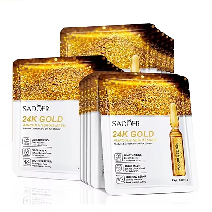 10pcs 24K Gold Hyaluronic Acid Facial Mask Face Firming Moisturizing Anti Wrinkle Hydrating Face Mask for Women Skincare(Gold)