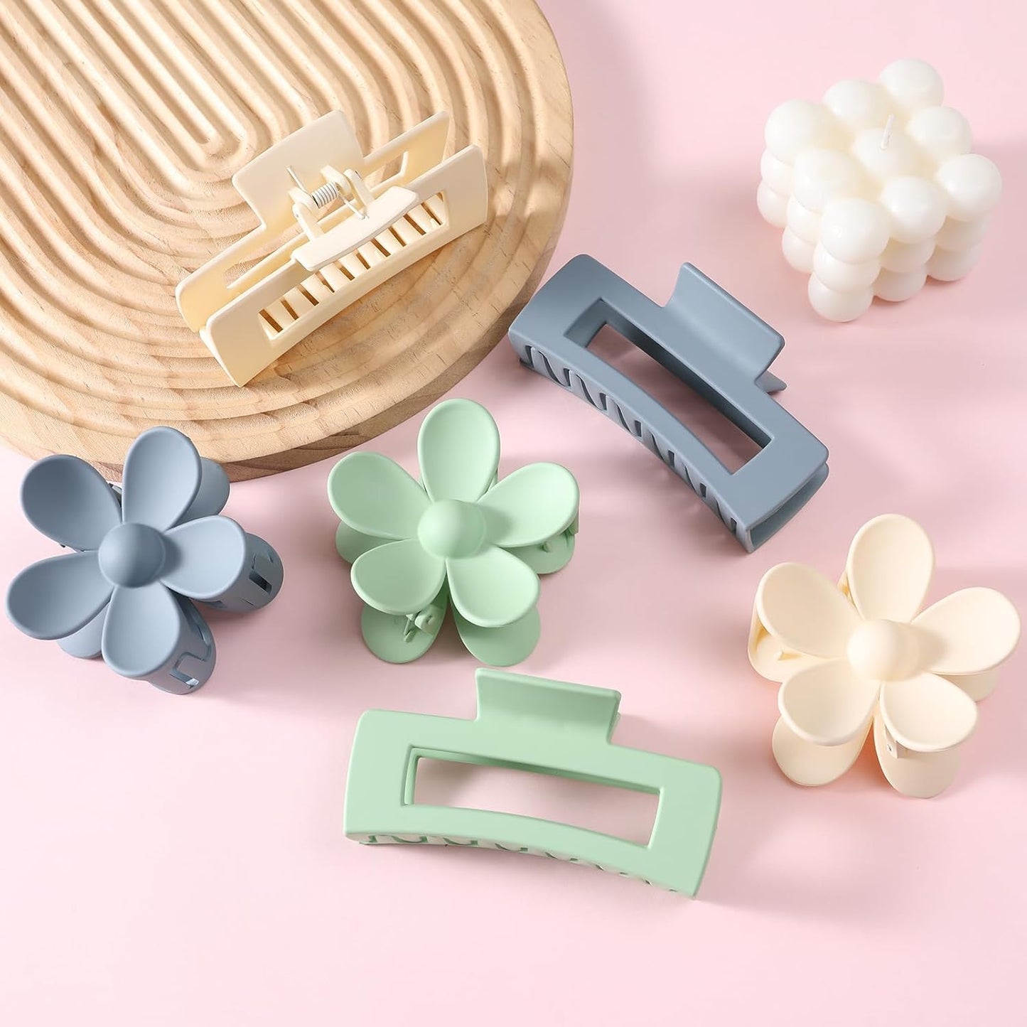 6 Pack Large Claw Clips for Women, Square & Flower Hair Clips for Thick Hair, Matte green & blue Colors