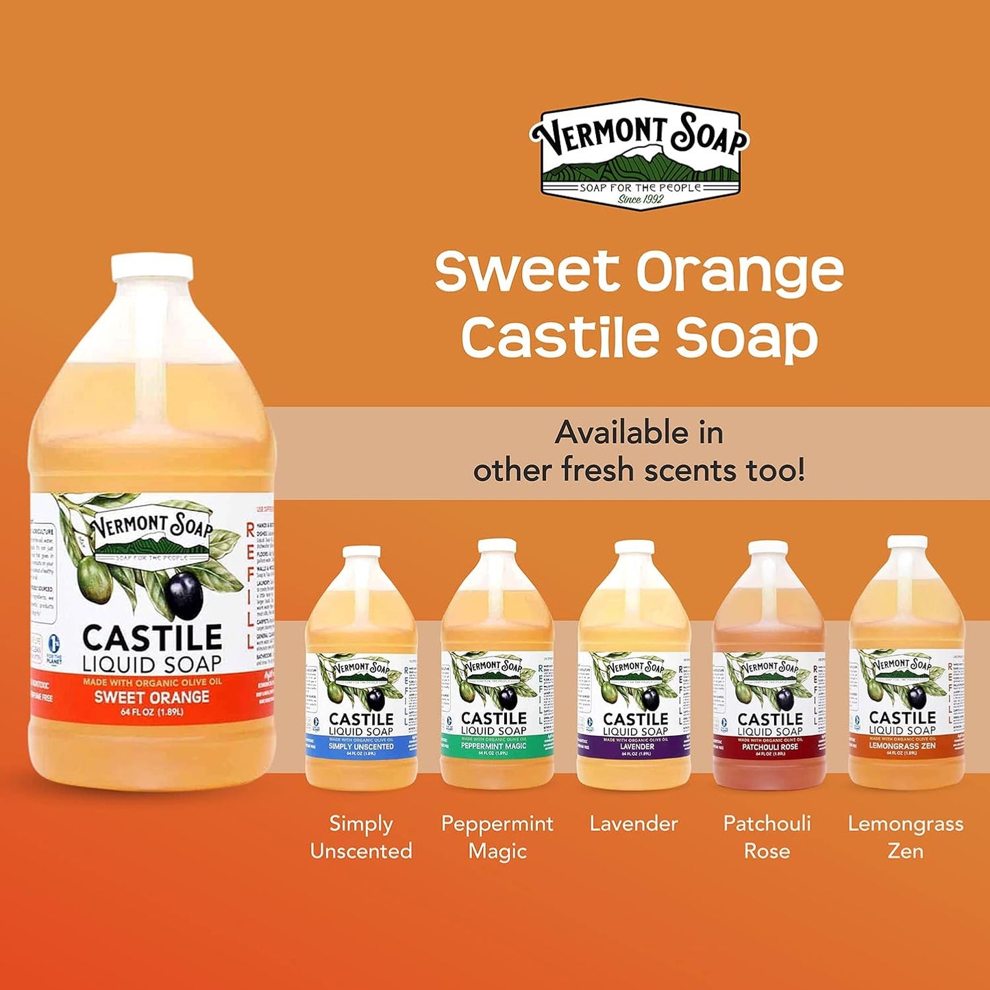 Vermont Pure Castile Soap Orange, Gentle Liquid Soap for Sensitive Skin & Natural Body Wash, Organic Hair Shampoo for Oily Hair, Aloe Castile Soap for Men & Women - 64 Oz