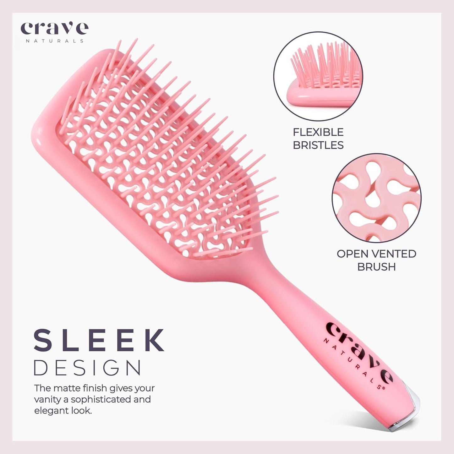 Crave Naturals Detangling Hair Brush - Vented Cushion Curly Hair Brush with Gentle Bristles for Wet or Dry Hair - Lightweight Wet Brush for Adults, Kids, and All Hair Types - 8.9x3.2x1.4-Inch (Pink)
