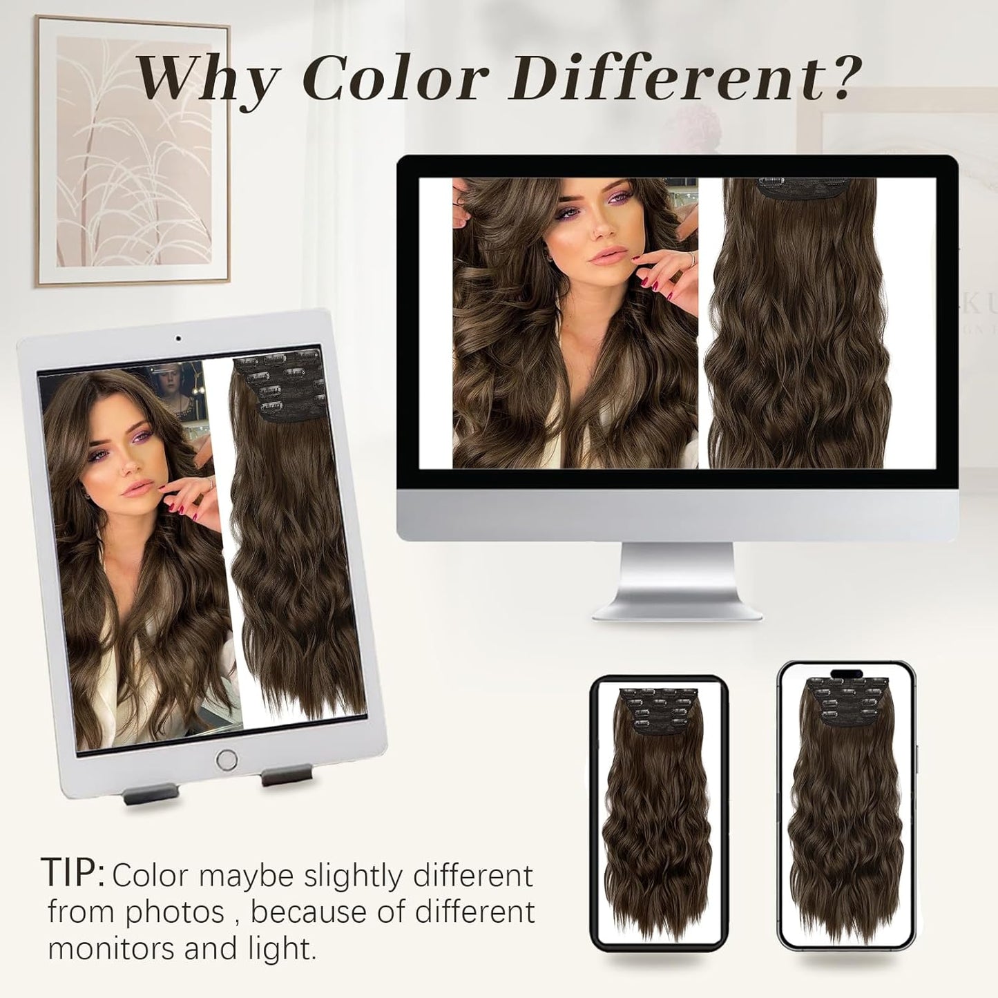 KooKaStyle Clip in Synthetic Hair Extensions Long Wavy 4PCS Thick Hairpieces Chestnut Brown Fiber Double Weft Natural Hair Extensions 16 Inch for Women