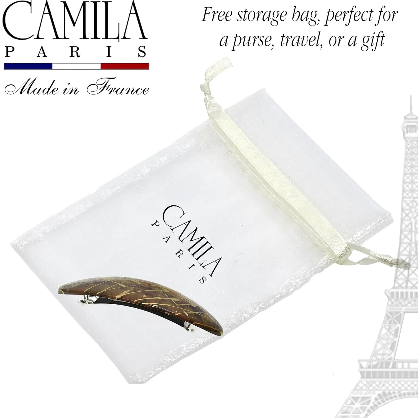 Camila Paris CP3872 French Hair Barrette Clip Oval Ligth Brown and Gold, Strong Hold Grip Hair Clips for Women, No Slip Rubberized Metal Closure, Durable Styling Girls Hair Accessories, Made in France