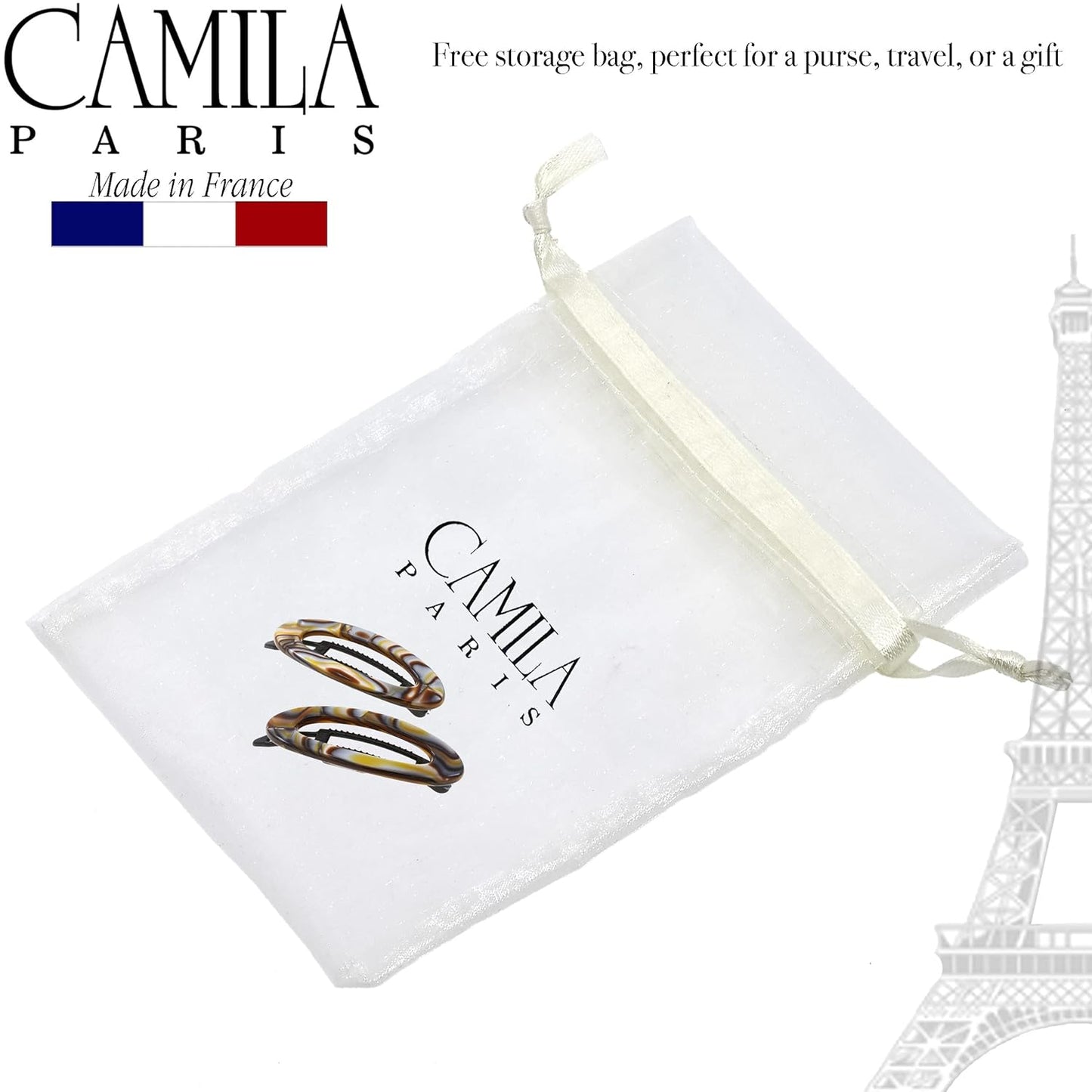 Camila Paris CP3367 French Hair Barrette Clip for Women, Handmade, Onyx, Side Slide-in Metal-Free Closure Strong Hold Grip Hair Clips for Girls, No Slip Durable Hair Accessories, Made in France