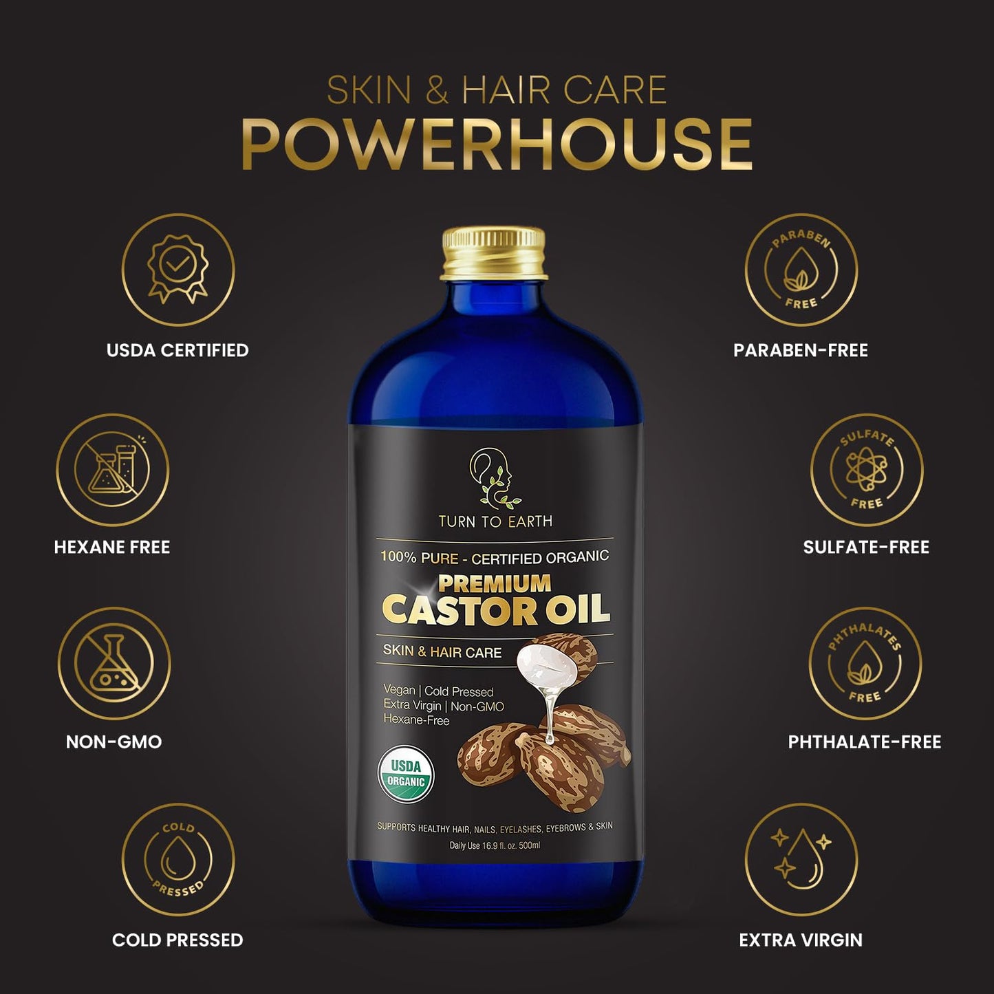 Organic Castor Oil, Cold Pressed, Glass Bottle, USDA Certified Premium Organic, Unrefined, Hexane Free, for Hair Growth, Radiant Skin, Eyebrows, Lashes and Fuller Hair, 16.9 oz w/ Pump (Made in USA)