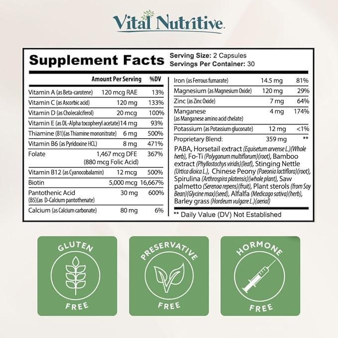 Vital Hair Complex - Hair Growth Vitamins for Women & Men - Biotin & Vitamin B - Hair Supplement for Healthy Hair, Skin & Nails - Hormone & Gluten-Free - Hair Vitamins for Women (60 Count, Pack of 2)