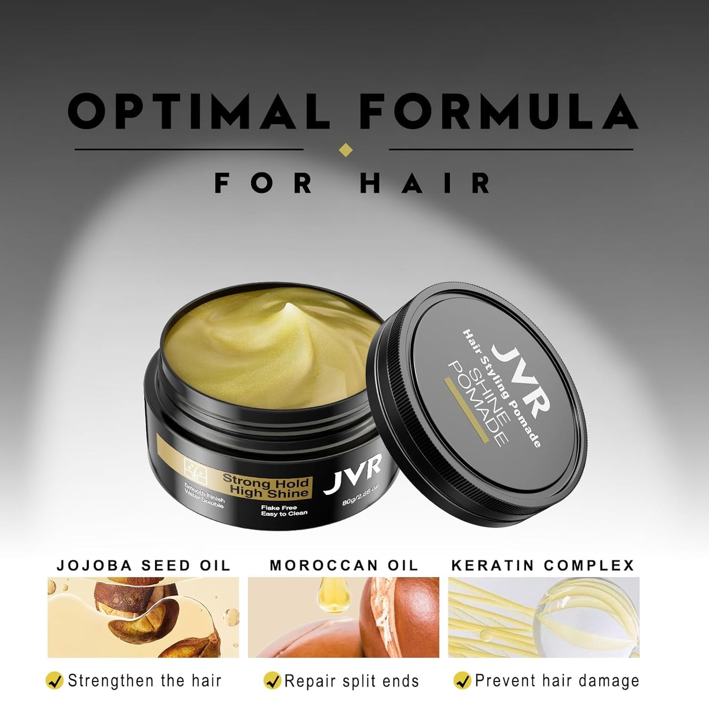 JVR Men's Hair Pomade, Hair Styling Pomade For Men, Strong Hold with High Shine Hair Gel Water Based Hair Cream Flake Free, Easy To Wash Out For All Hair Types