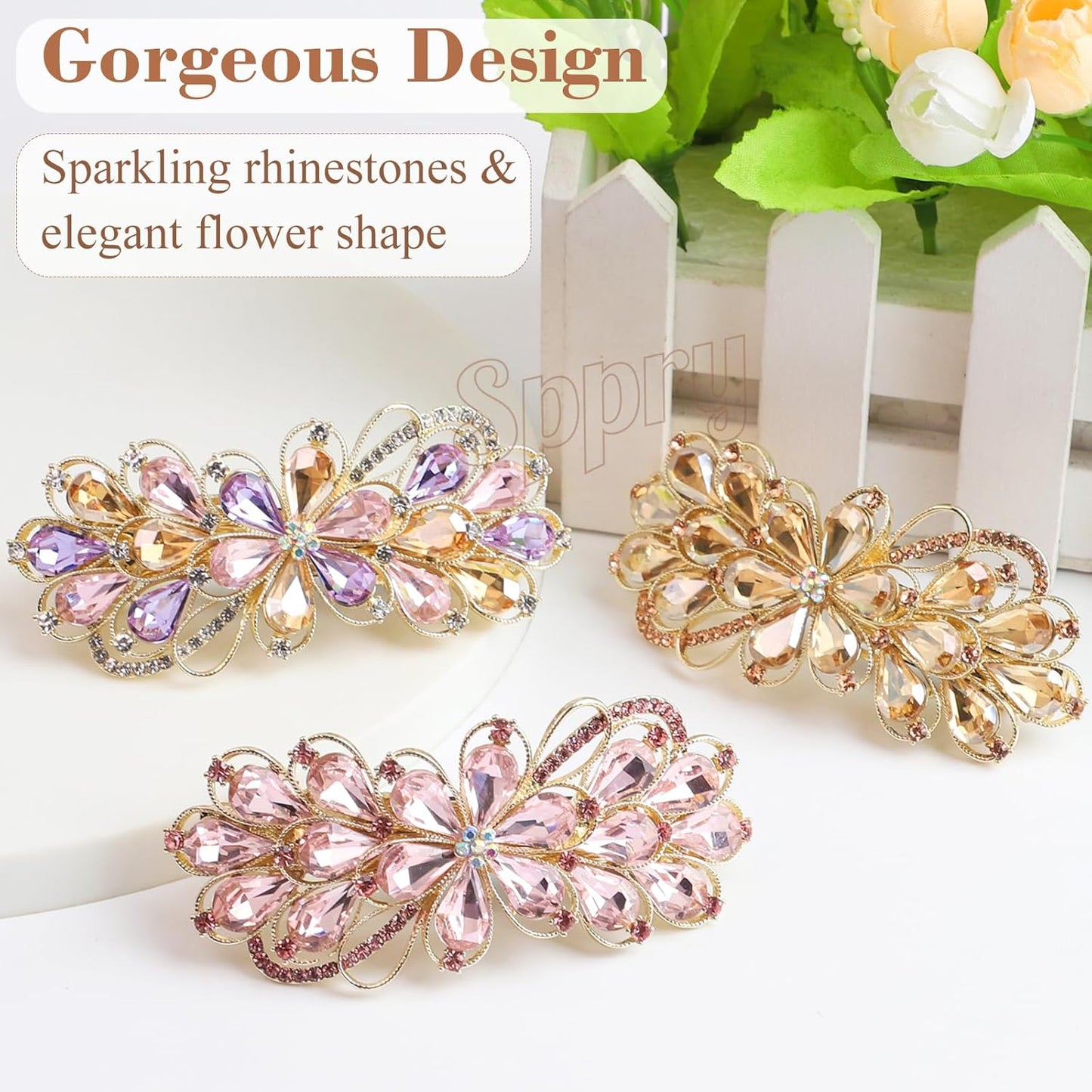 Large Gorgeous Rhinestone Hair Barrette for Women, Flower Jewelry Design (Champagne)