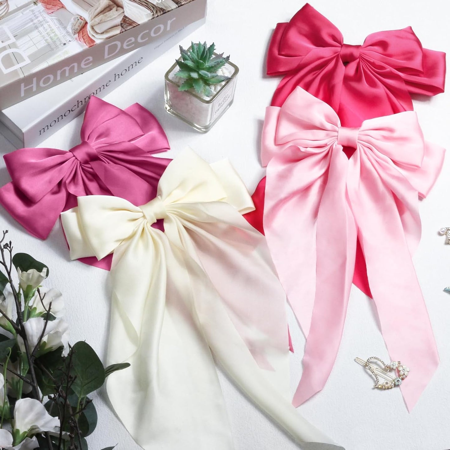 Silky Satin Hair Bows for Women Girls - 4PCS Ribbon Bows for Hair, Big Bow Hair Clips with Long Tail, Barrettes - Cute Hair Accessories Gifts (Hot Pink, Light Pink, Royal Pink, Beige)