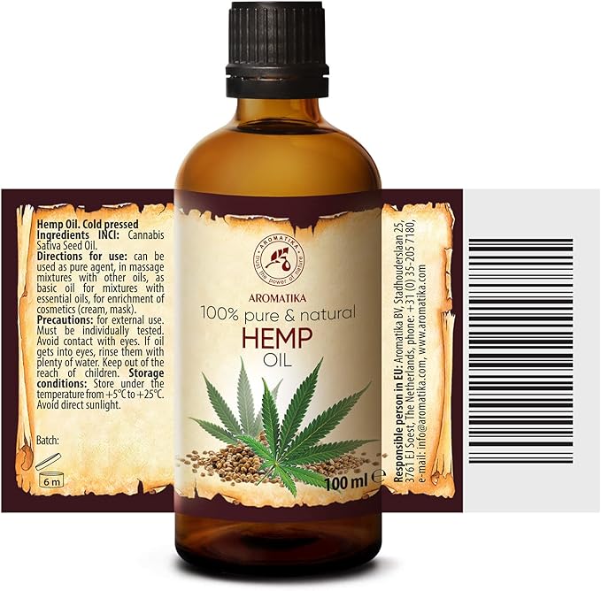 Hemp Oil 3.4 Fl Oz - Pure & Natural - Cold Pressed Hemp Seed Oil - Unrefined Carrier Oil for Essential Oils - for Skin - Nails - Lips - Hair - Face & Body Care