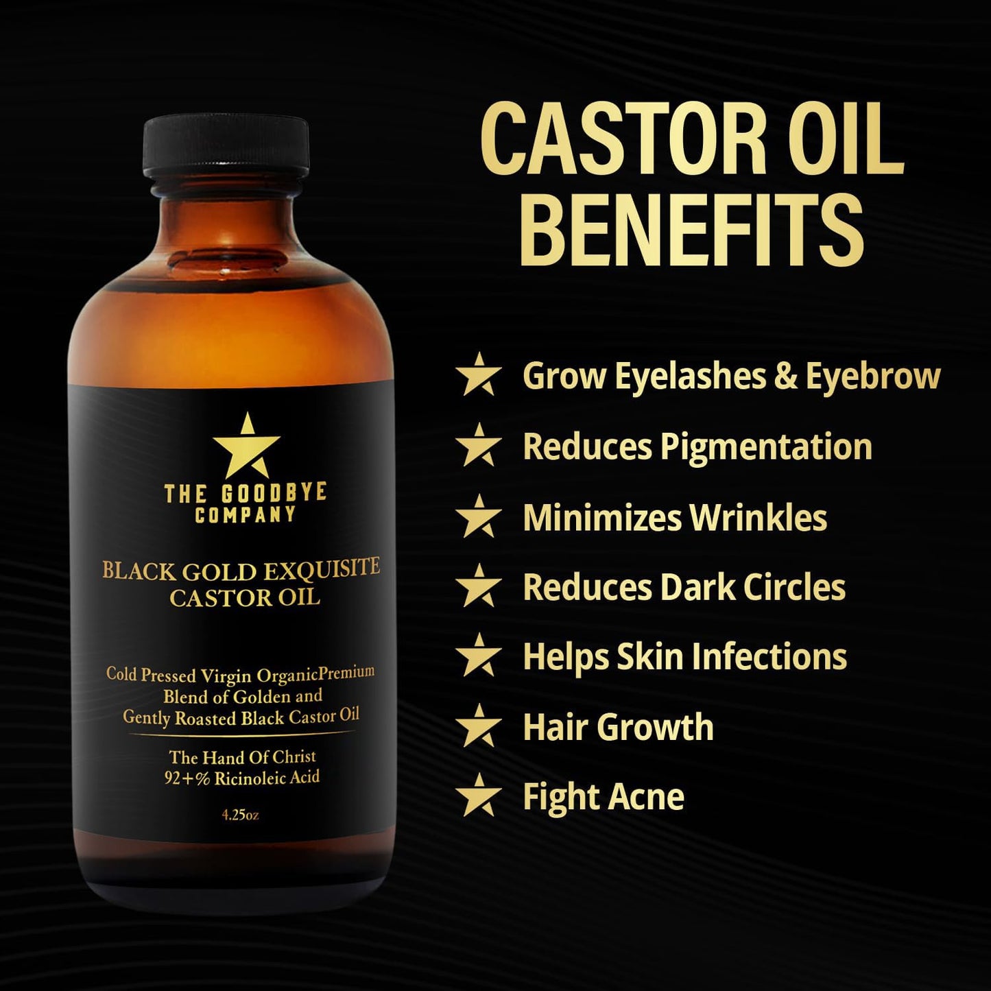 The Goodbye Company Black & Gold Castor Oil Blend – Cold-Pressed & Unrefined – Pure Hexane-Free Oil for Hair, Skin, Body, Eyelashes & Eyebrows