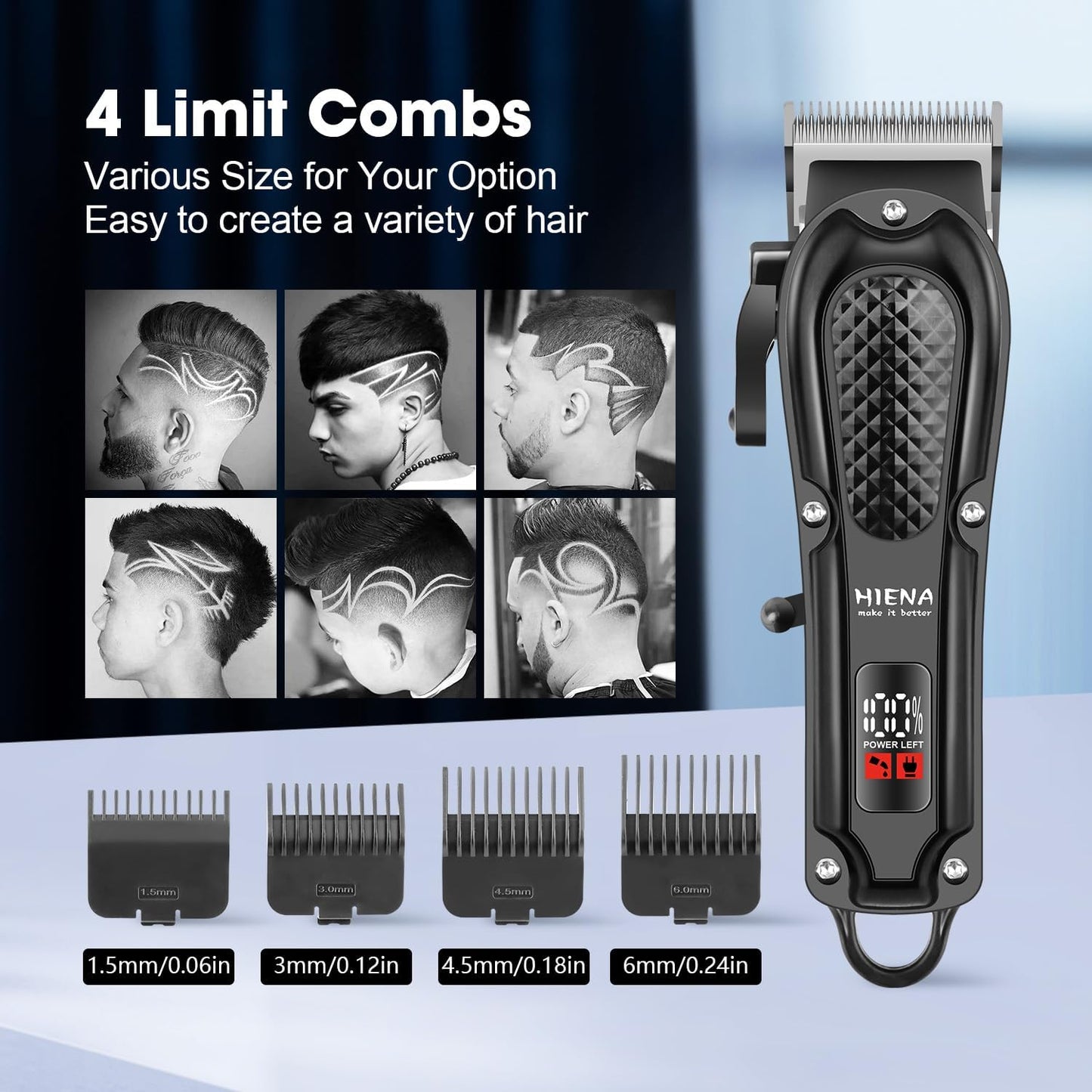 HIENA PRO Professional Hair Clippers for Men, Cordless&Corded Barber Clippers for Hair Cutting, Rechargeable Beard Trimmer, LED Display, Gifts for Men (Black)