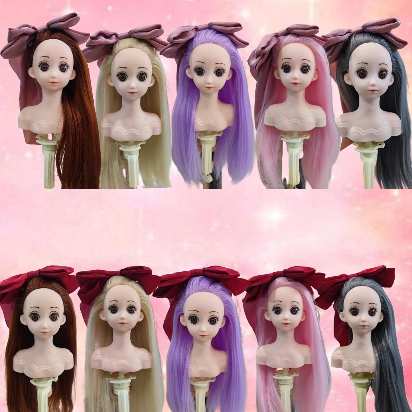 Small Doll Head For Hair Styling,Mini Synthetic Mannequin Head,Doll Head With Clamp Holder & Tools, Practice Doll Head For Hair Braiding,Styling and Cutting with Two Bows (Grey)