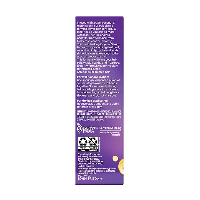 John Frieda Frizz Ease Original Hair Serum, Protecting Against Frizz, Heat, and Humidity While Adding Shine, Smooths Strands and Hydrates Parched Hair with Argan, Coconut, and Moringa Oil, 1.69 Oz