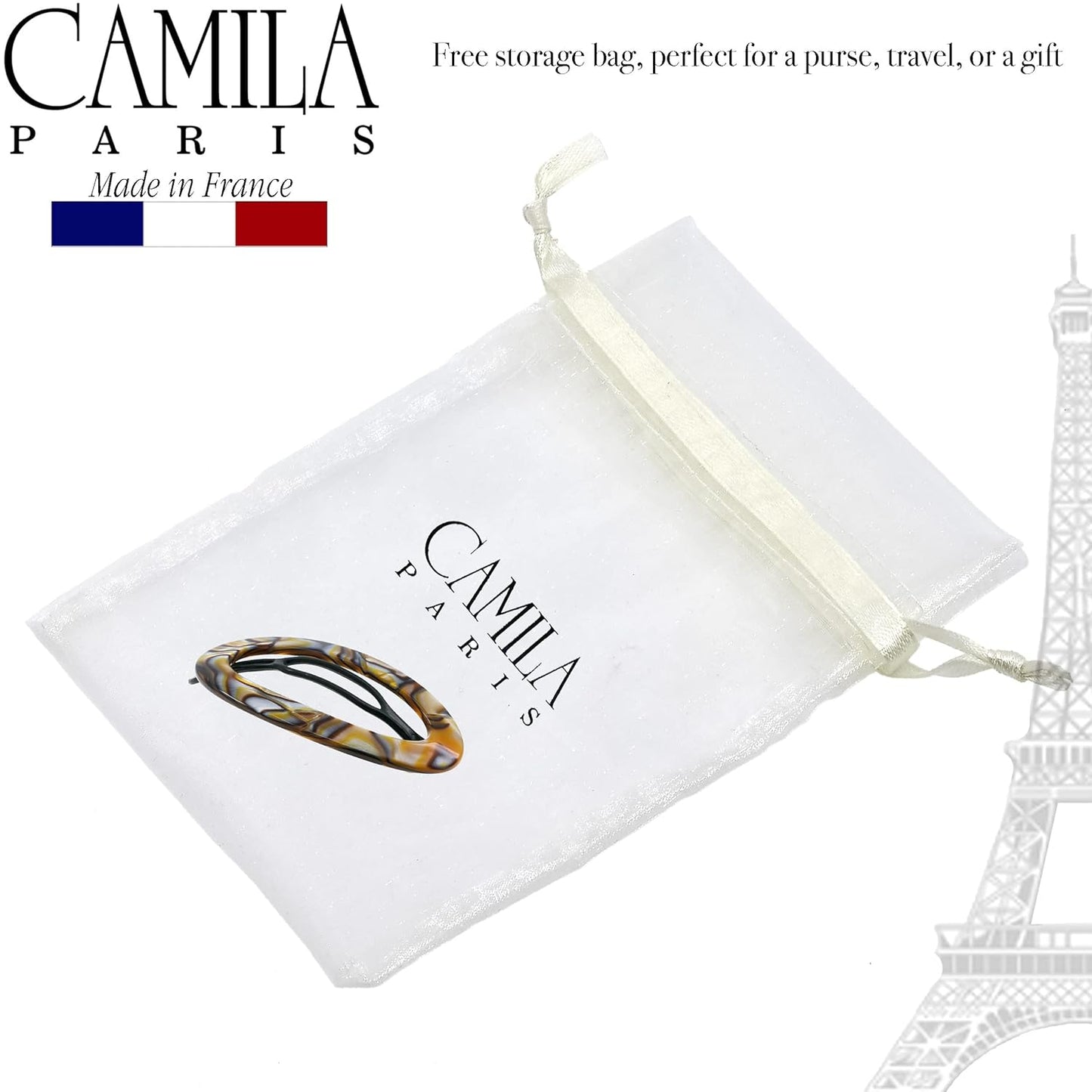 Camila Paris CP3362 French Hair Barrette Clip for Women, Handmade, Onyx, Slide-in Metal-Free Closure, Strong Hold Grip Hair Clips for Girls, No Slip Durable Styling Hair Accessories, Made in France