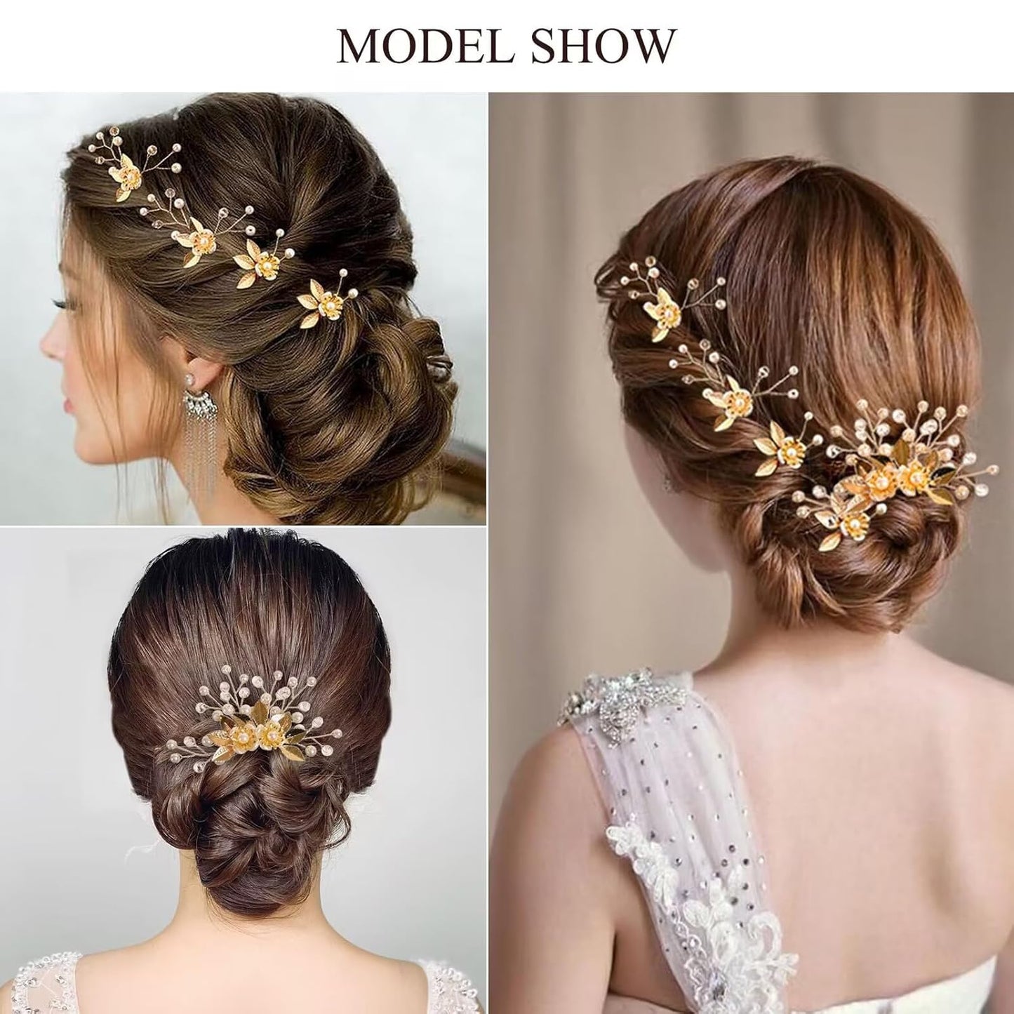 Wedding Hair Pins Set of 5 Pcs - Elegant Leaf Floral Pearl Rhinestones Hair Accessories for Bridal Women (Gold)