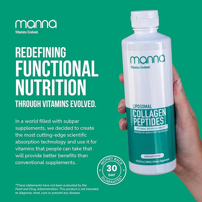 Manna Liposomal Collagen Peptides Liquid – 5000mg High Absorption Grass-Fed Type I & III Collagen for Skin, Hair, Nails, Joints – Hydrolyzed Collagen Supplement, Non-GMO, 16oz, for Women & Men