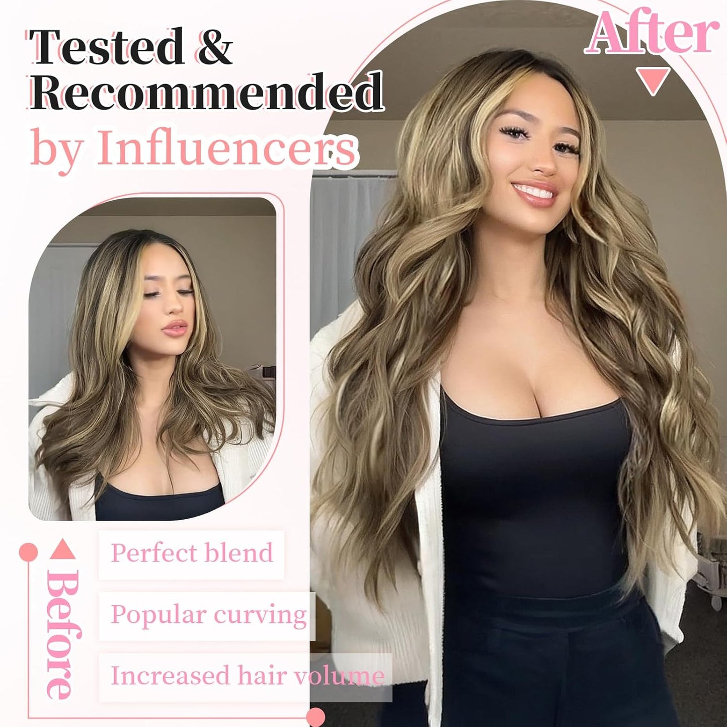 KooKaStyle Clip in Synthetic Highlight Hair Extensions Long Wavy 4PCS Thick Hairpieces Medium Brown Ash Blonde Fiber Double Weft Natural 24 Inch for Women