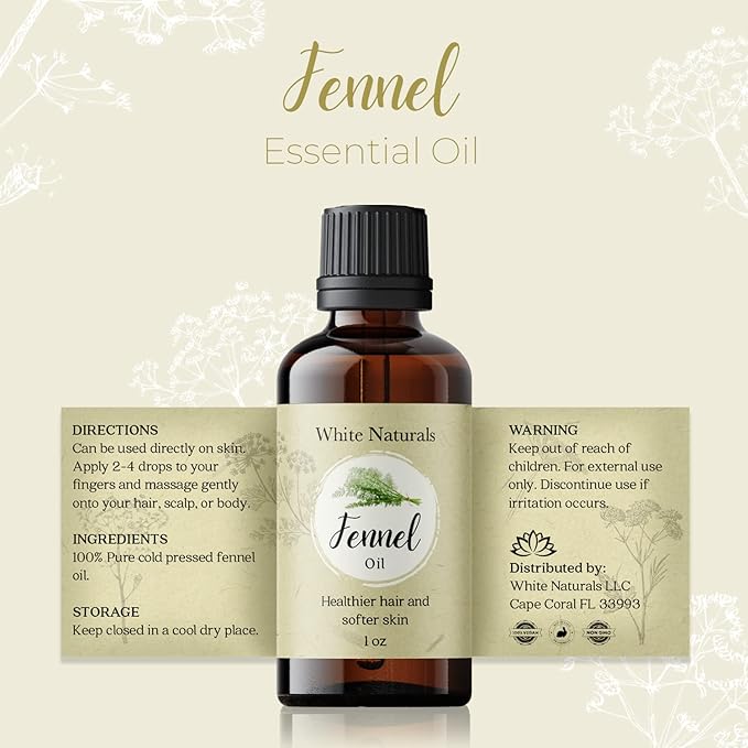 Organic Fennel Essential Oil for Digestion, Sweet Fennel Seed Oil for Congestion Relief & Uplift Mood, 100% Pure, Undiluted, Therapeutic Grade for Aromatherapy, Glowing Skin, Strengthened Hair 1oz