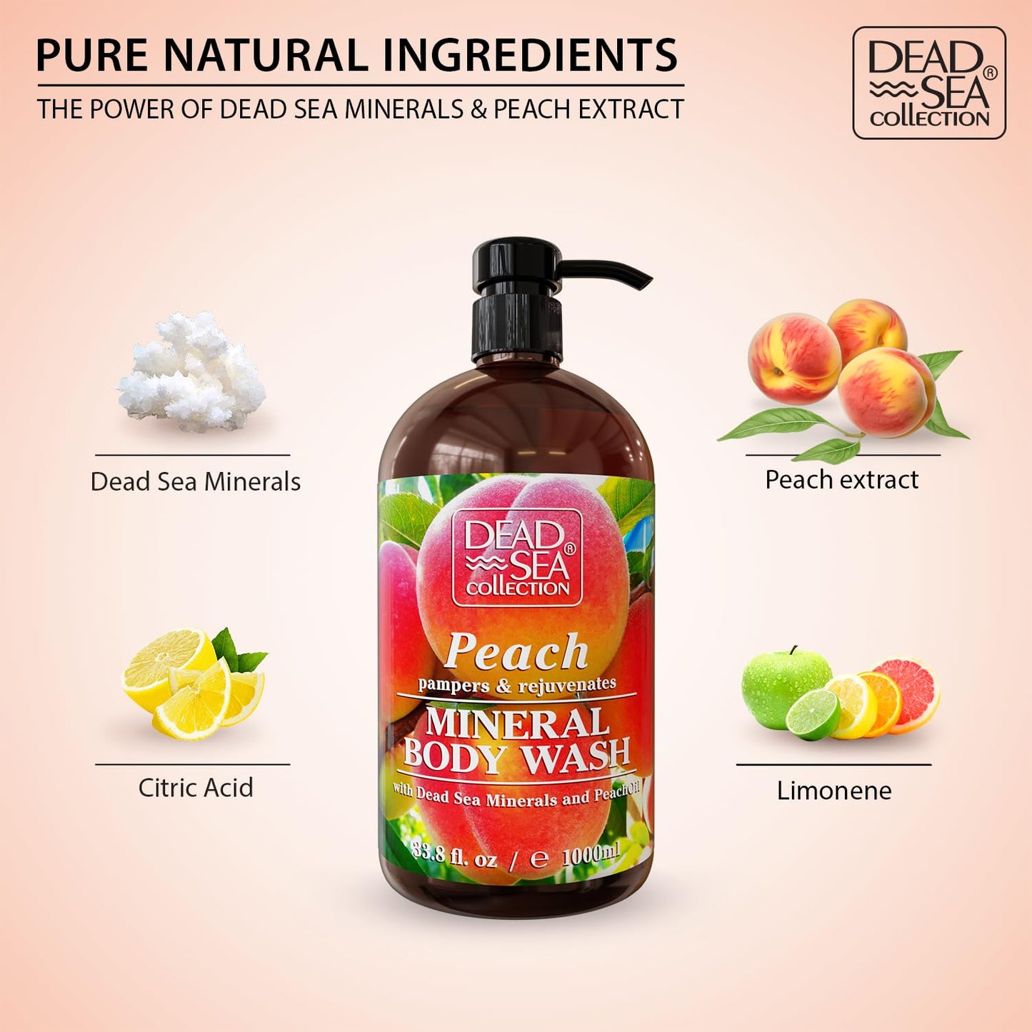 Dead Sea Collection Peach Body Wash for Women and Men - with Pure Dead Sea Minerals and Peach Extract - Cleanses and Moisturizes Skin - Pack of 2 (67.6 fl. oz)