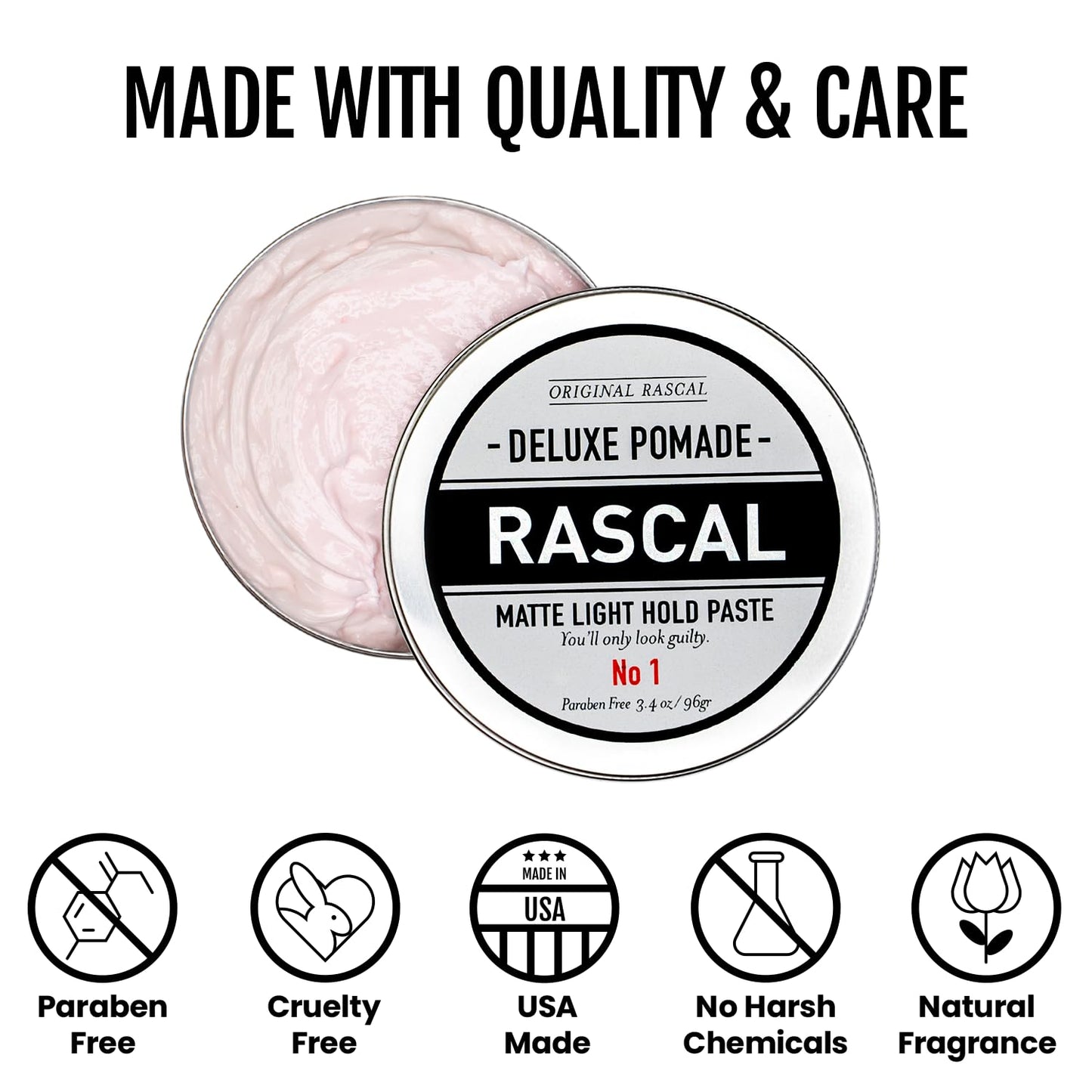Original Rascal Deluxe Pomade for Men #1 - Matte Hair Paste with Light Hold & Shine - Men's Styling Dry Care Solution Product for All Hair Types - Natural Infused with Beeswax & Grapeseed Oil - 3.4 oz