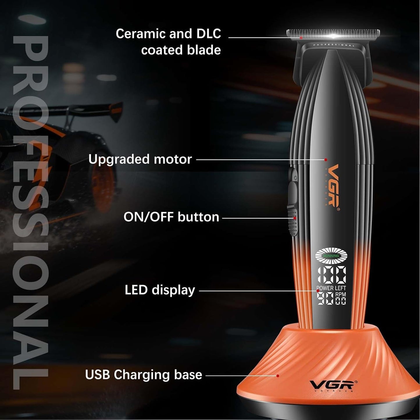 VGR 889T Professional Hair Trimmer for Men, 9000RPM High Speed Cordless Hair Clippers Beard Trimmer with Ceramic & DLC T Blade, Zero Gapped Barber Clippers with USB Charging Base, LED Display