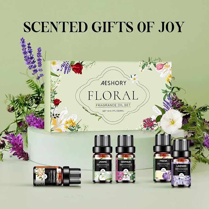 Floral Essential Oils Set - 14 Pcs Fragrance Oil for Diffusers, Aromatherapy, Candle Making - Lavender, Geranium, Rose, Jasmine, Gardenia Aromatherapy Essential Oils Kit