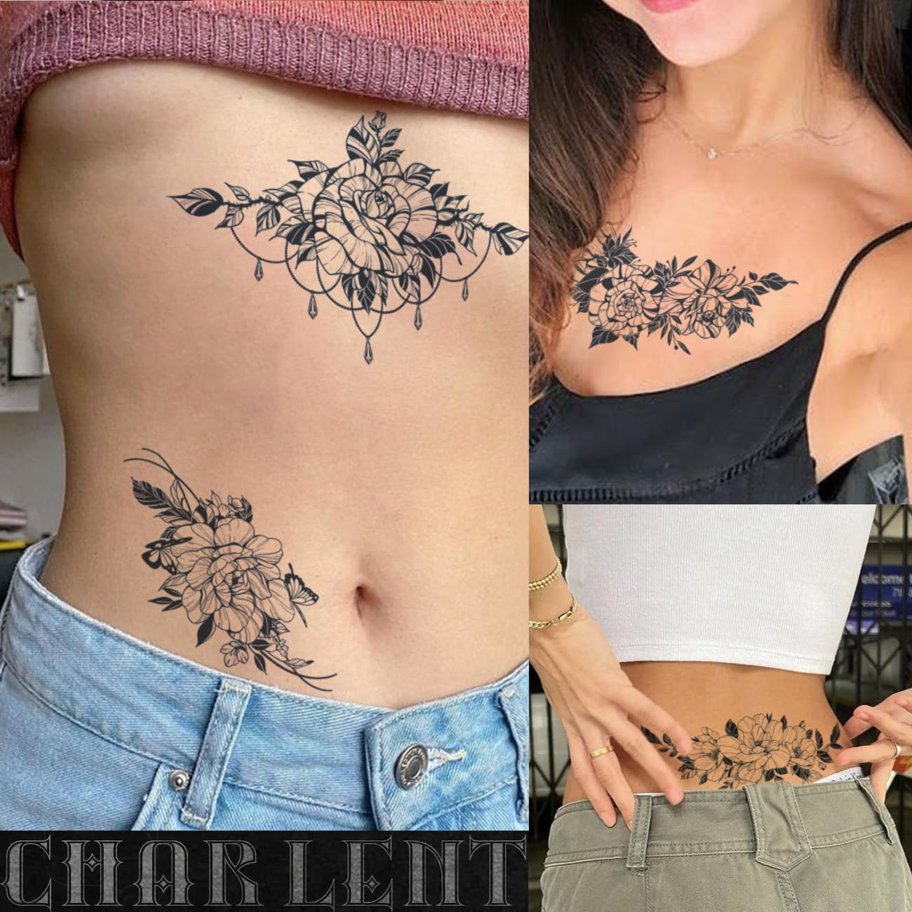 CHARLNET 5 Sheets Flower Semi-Permanent Tattoos for Women - 2 Weeks Long Last Rose Fake Tattoos for Women Arm Body/Fades Naturally/No Reflection/Waterproof/Realistic
