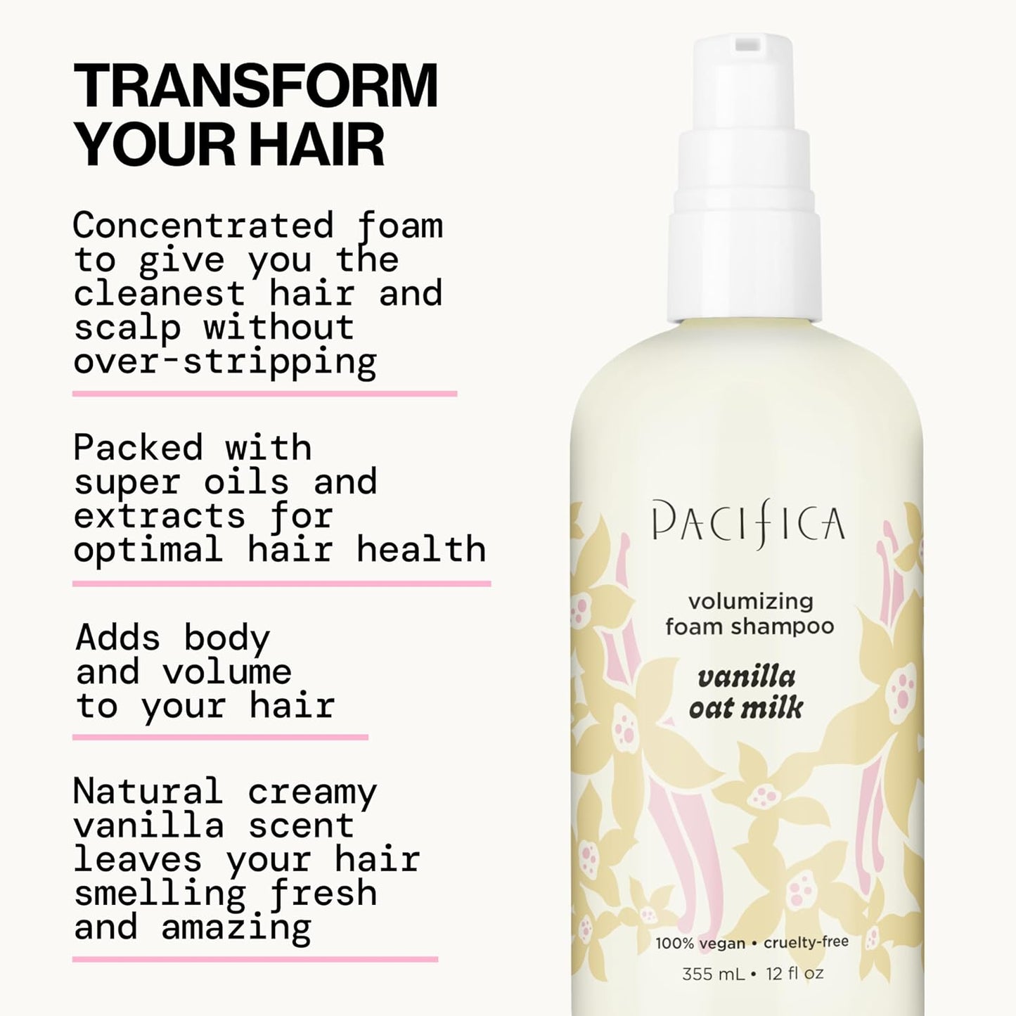 Pacifica Vanilla Oat Milk Volumizing Foam Shampoo – Weightless Foaming Shampoo for Fine or Flat Hair, Adds Volume & Body, Hydrating Oat Milk, Sulfate-Free, Vegan