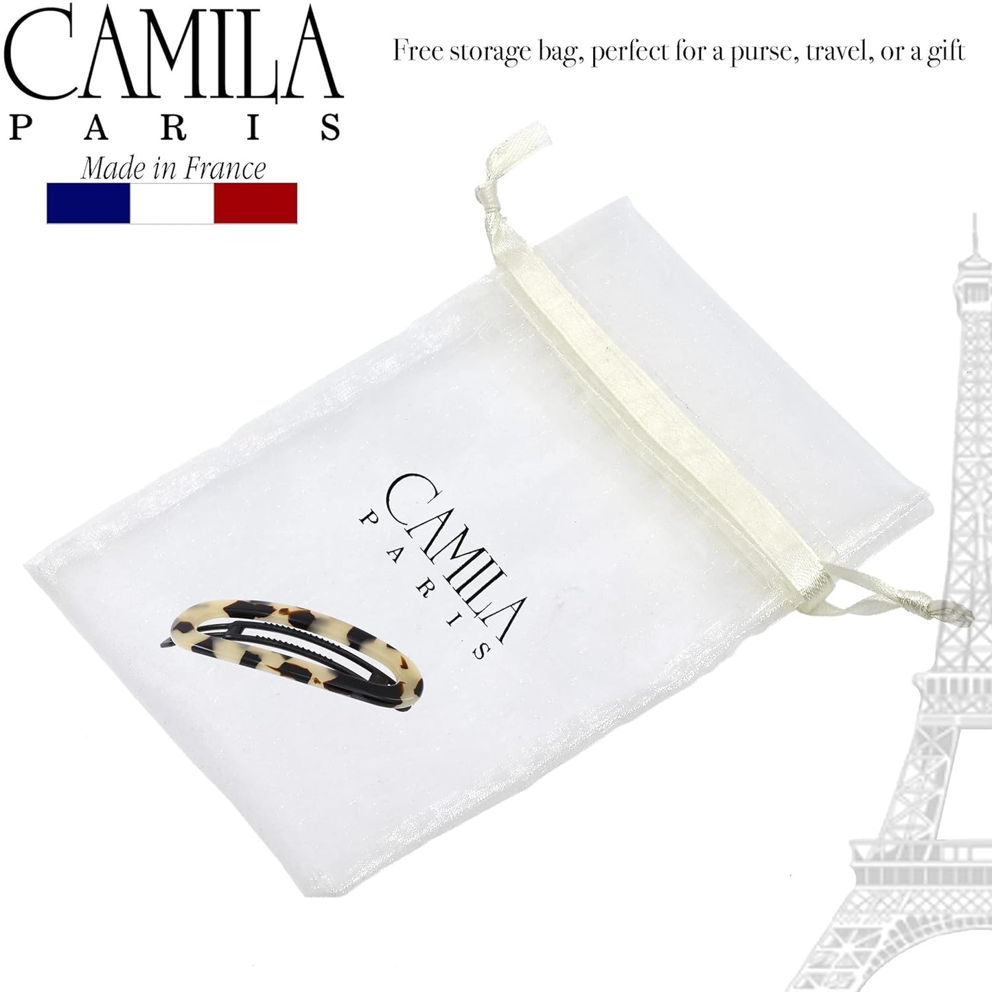 Camila Paris CP3364 French Hair Barrette Clip for Women, Handmade, White Tokyo, Slide-in Metal-Free Closure, Strong Hold Grip Hair Clips for Girls, No Slip Durable Hair Accessories, Made in France