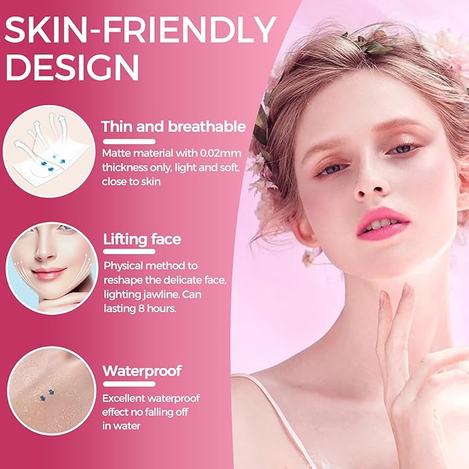 Face Lift Tape, 100 PCS Face Tape Lifting Invisible Under Makeup, Instant Neck Strips for Lifting Sagging Skin, V-Shaped Facial Strips for Brows, Eyes, Jowls, Wrinkles& Double Chin, For All Skin Types