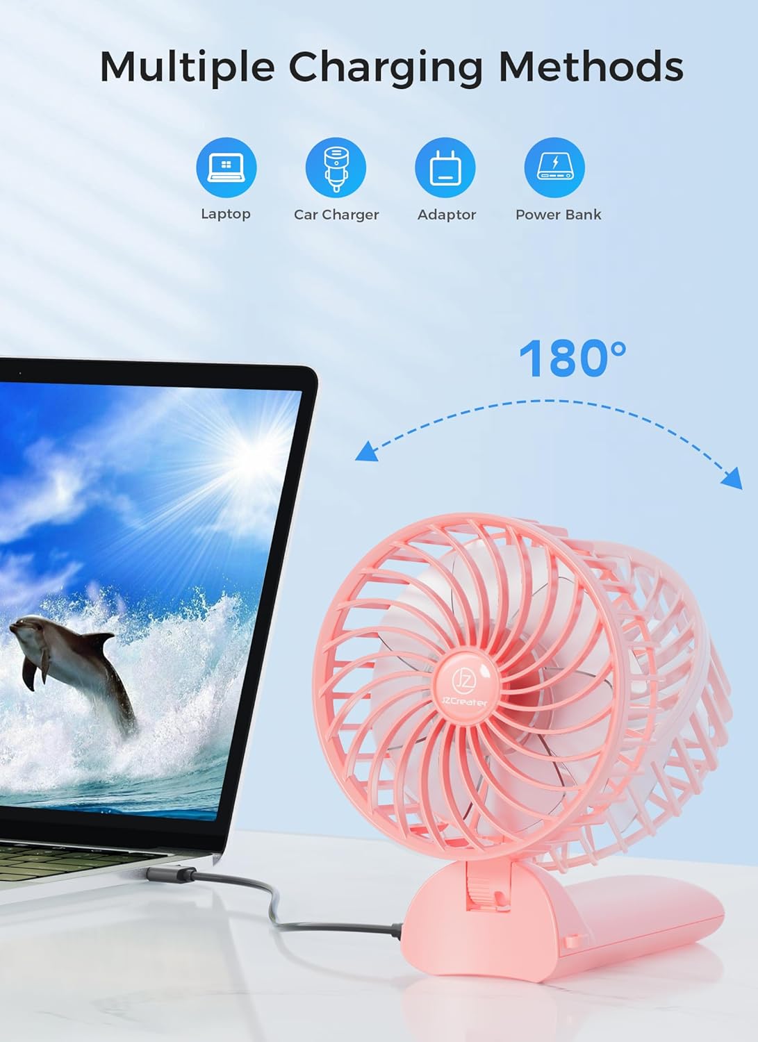 JZCreater Mini Handheld Fan, Portable Rechargeable Fans, Quiet 4 Speed, 2in1 Battery Operated USB Desk Fan, Small Folding Stand Electric Fan for Travel Outdoor Home Office Makeup, Gift for Women