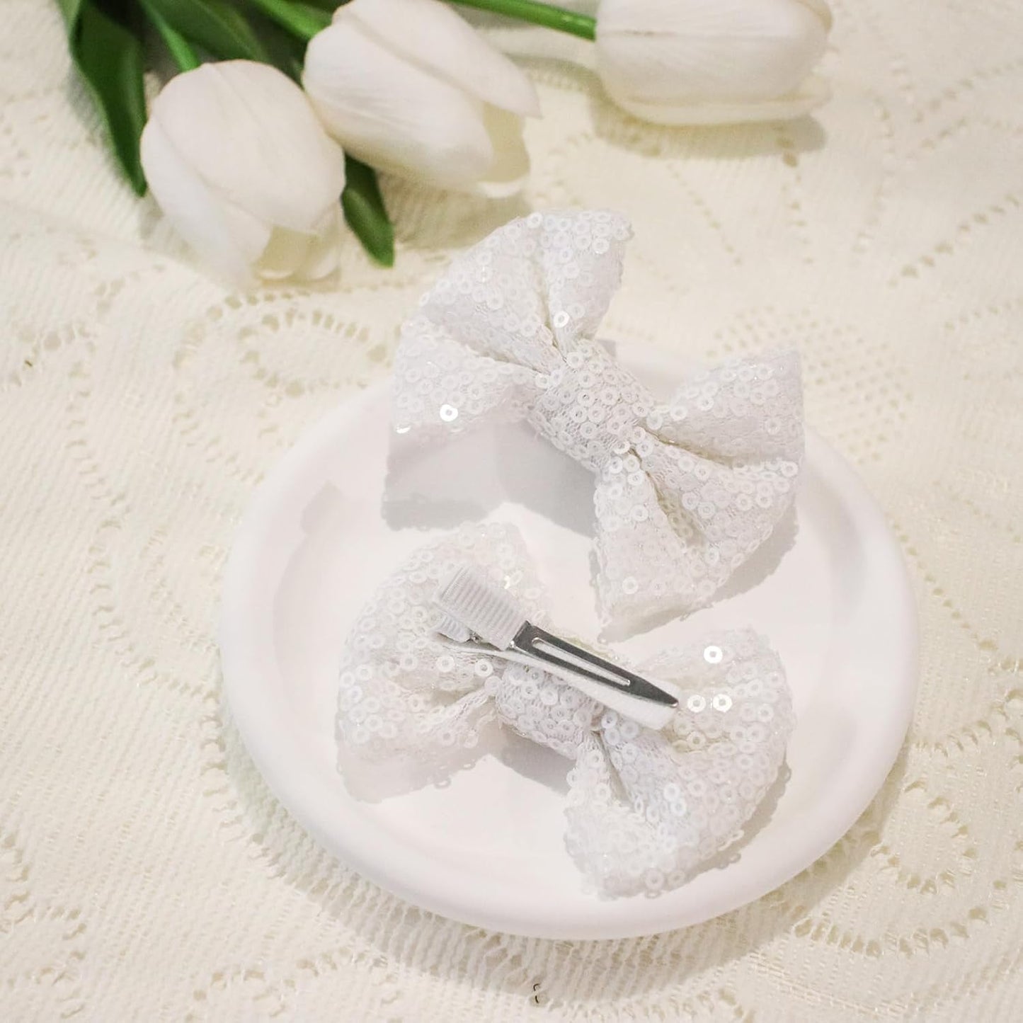 KISZU 3 Inch Glitter Hair Bows Clips, Sparkling Sequin Little Bow HairPins for Baby Girls Children Teens and Women (White)