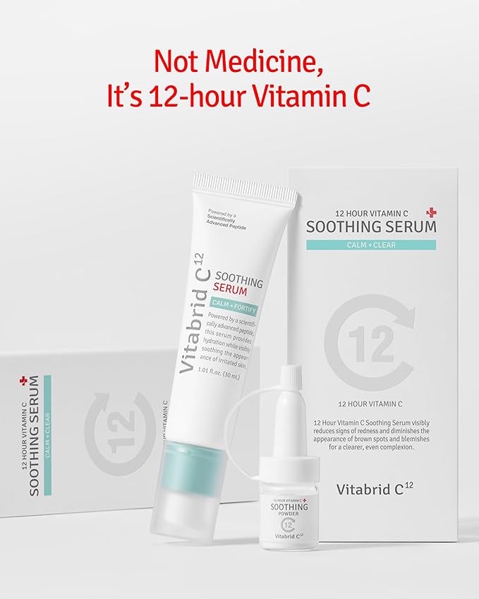 12 Hour Vitamin C Soothing Serum for Acne & Blemish-Prone Sensitive Skin - Improves Sebum, Pores and Redness - Peptides, Niacinamide, Madecassoside, 1.01 fl.oz. Powder 0.04oz.