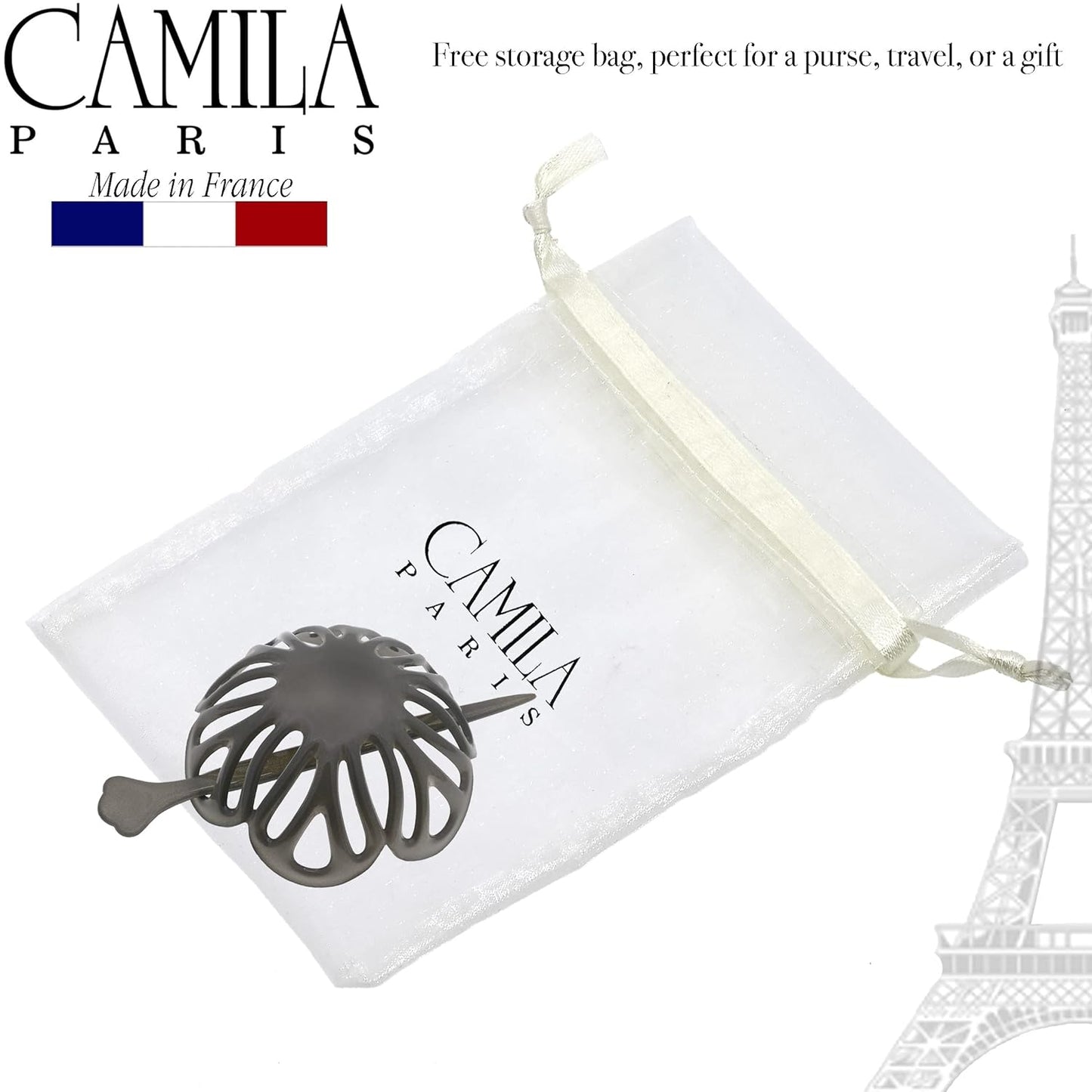 Camila Paris CP3145 French Hair Bun Clip Maker Cover Cap Holder, Gray, Round Dome Bun Hair Clip for Women Hair Updo, Styling Hair Bun Accessories for Women, No Slip and Durable, Made in France