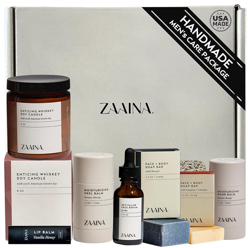 Men's Self Care Package, Father's Day Gifts for Men, Relaxation Spa Gift Set for Him - Luxury Natural Handmade Men Skin Care Kit with Whiskey Candle, Unique Self Care Gift for Men by ZAAINA