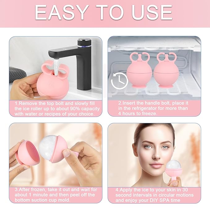 2 Pack Ice Roller for Face, Ice Face Roller for Eye Neck Body, Ice Cube Roller Massager Gua Sha Tool, Eliminates Puffiness, Facial Ice Mold, De-Puff Eye Bags, Reduce Migraine Pain (Pink and Pink)