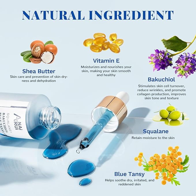 Squalane VE Rosehip Oil,Bakuchiol Blue Tansy Oil,for face hydrate,Night-Repair Facial Oil,Softer Skin,Reduce Fine Line&Wrinkles
