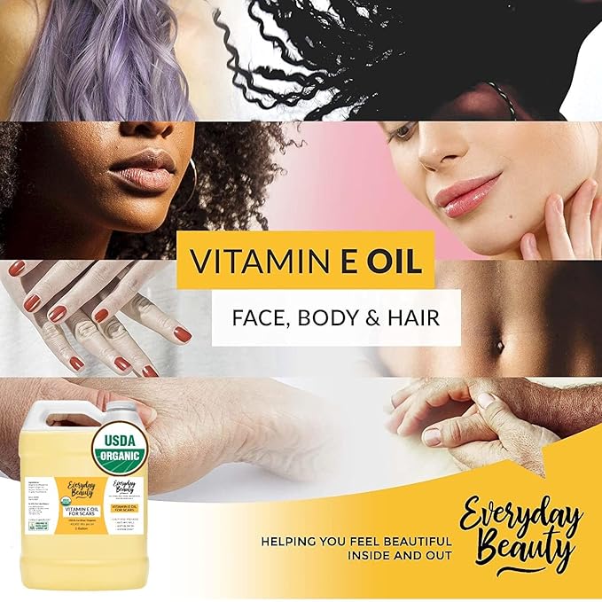 Organic Vitamin E Oil Bulk - 1 Gallon USDA Certified 100% All Natural Plant Based - Light and Unscented Great for Scars After Surgery - For Face, Skin and Nails - DIY, Reduce Wrinkles & Anti Aging