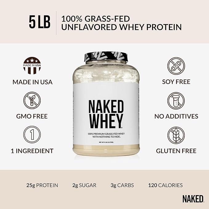 Naked WHEY 5LB 100% Grass Fed Unflavored Whey Protein Powder - Only 1 Ingredient, Undenatured - No GMO, Soy or Gluten - No Preservatives - Promote Muscle Growth and Recovery - 76 Servings